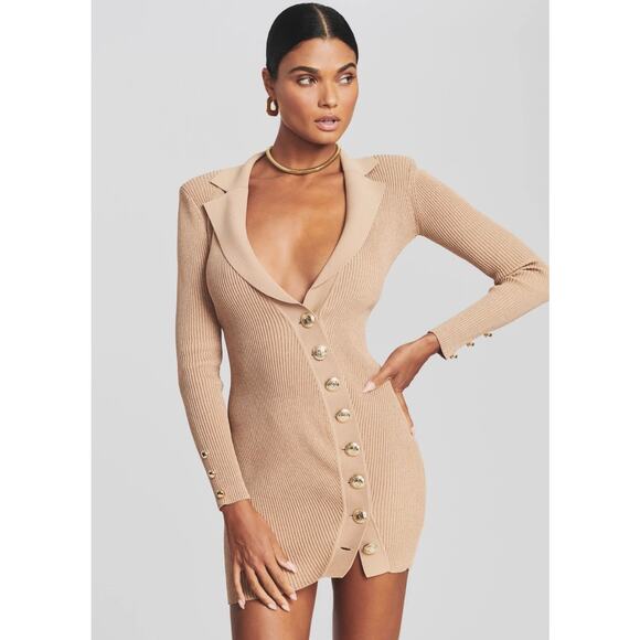 Retrofête Mimi Rib Knit Button Front Collared Mini Dress Nude Small Tan Stretch - Picture 1 of 9